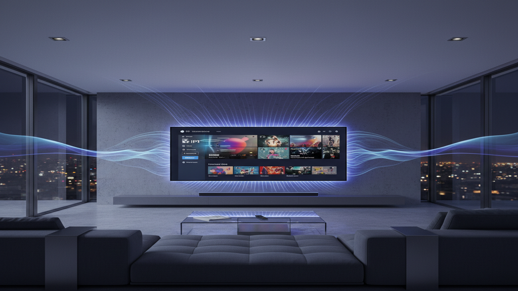 Installation home cinema avec un abonnement IPTV Dolby Atmos affiché sur une Smart TV