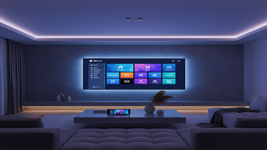 Interface d'un abonnement premium IPTV premium affichée sur une Smart TV.