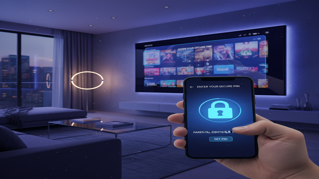 Cadenas sur une Smart TV symbolisant les applications IPTV avec contrôle parental intégré pour la sécurité des enfants.