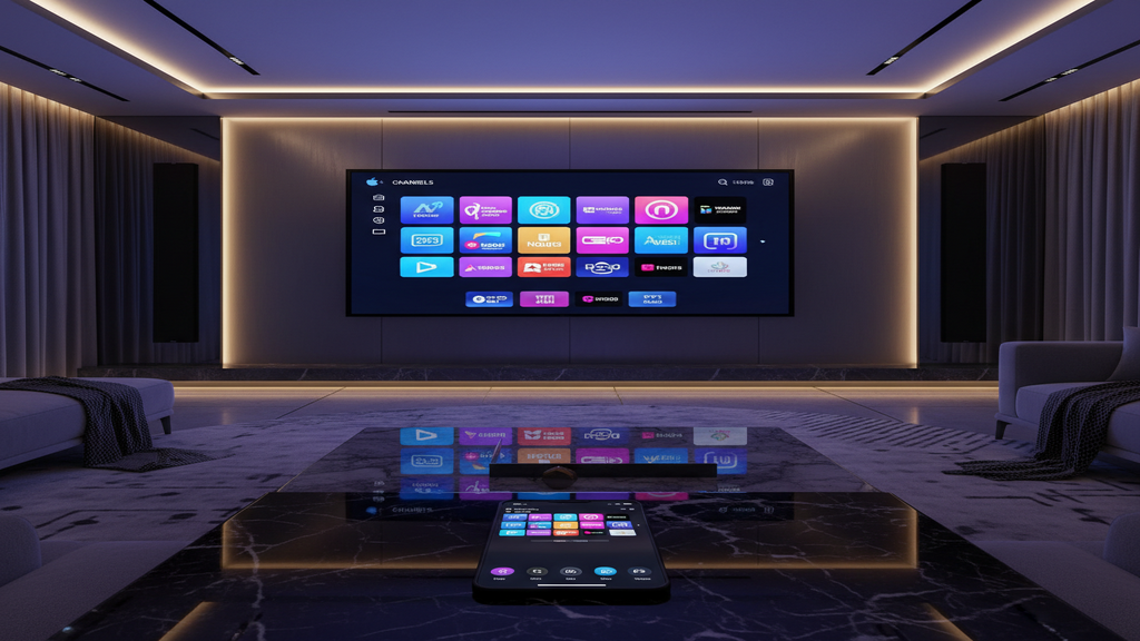 Écran de Smart TV affichant une mosaïque de chaînes, illustrant les avantages d'un abonnement IPTV haut de gamme