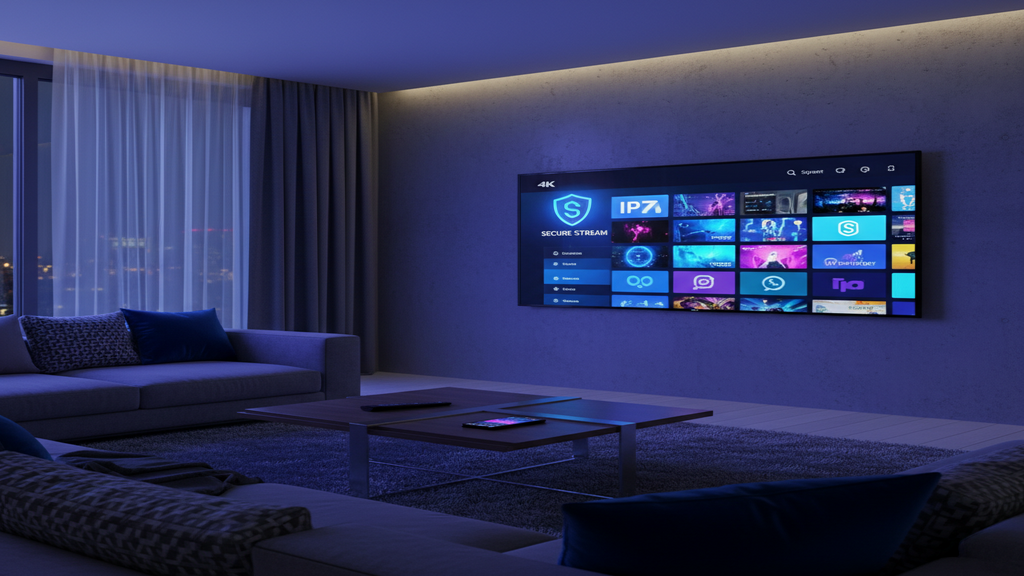 Un guide visuel expliquant comment choisir un service IPTV fiable et sécurisé avec des icônes de cadenas et de serveur.