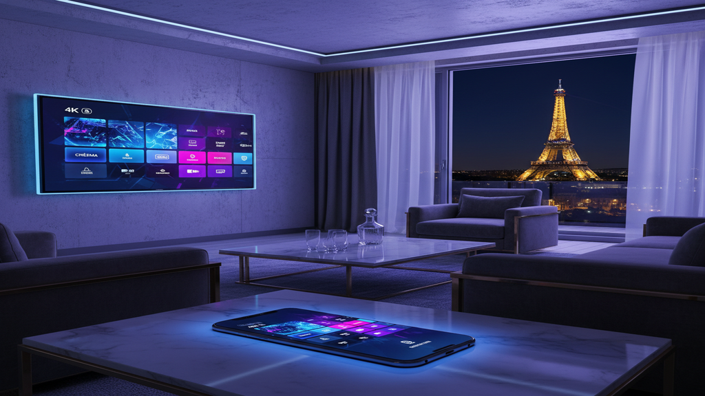 Un écran de Smart TV affichant une mosaïque de chaînes pour illustrer les meilleures offres IPTV en France.