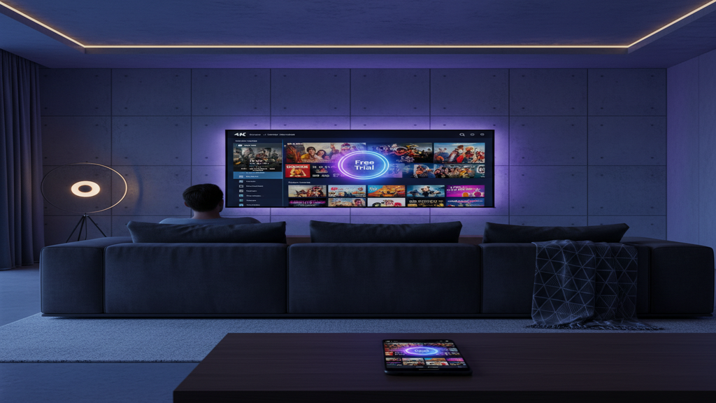 Un utilisateur sur son canapé pointant sa télécommande vers sa Smart TV, illustrant l'idée de tester gratuitement un service IPTV.